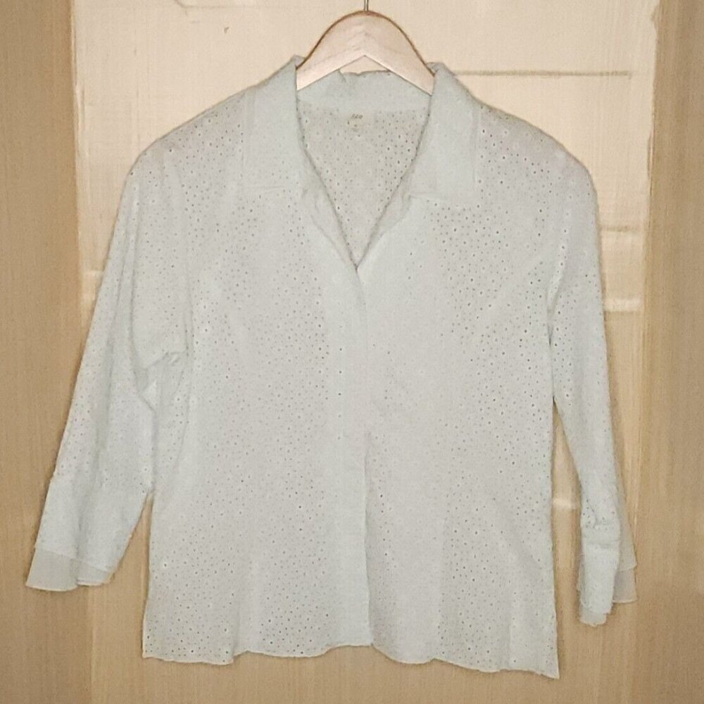 J. Jill Womens Mint Green Eyelet 3/4 Sleeve Hook & Eye Blouse Medium